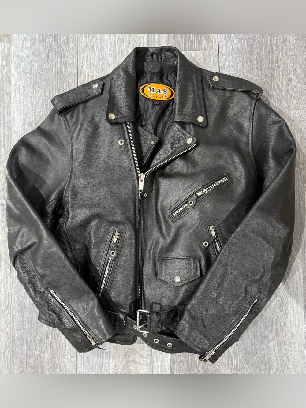 Authentic MAS Leather Black Vintage Iconic Asymmetric Multi-Zip Biker Jacket L